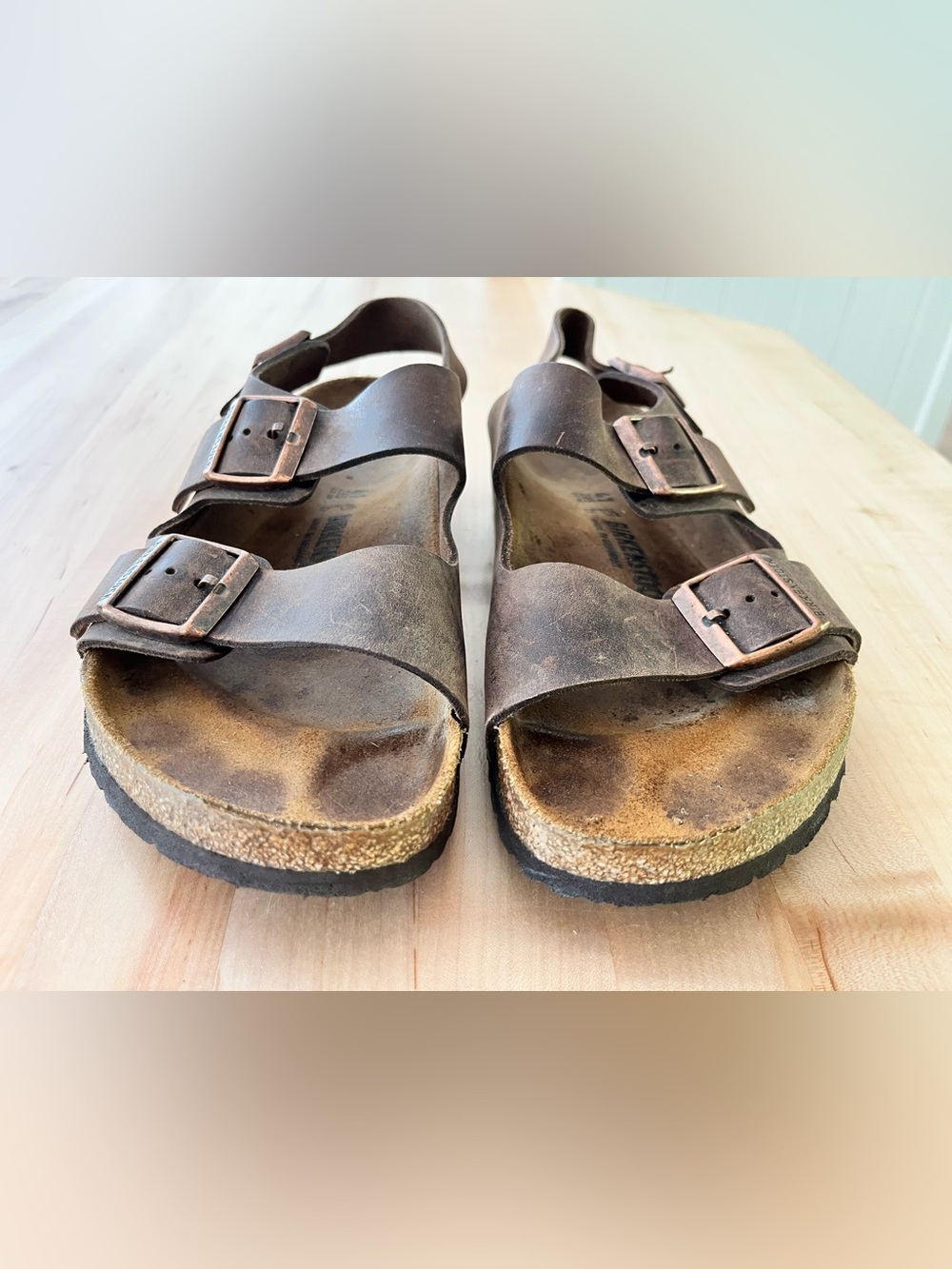 Birkenstock Milano Oiled Leather Two-Strap Brown Buckle Sandal, Sz 41 - Picture 3 of 13